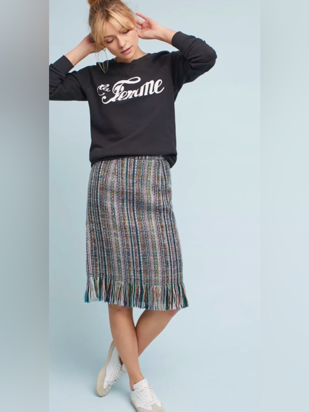 Anthropologie Maeve Fringed Tweed Pencil Skirt Multi Size 4